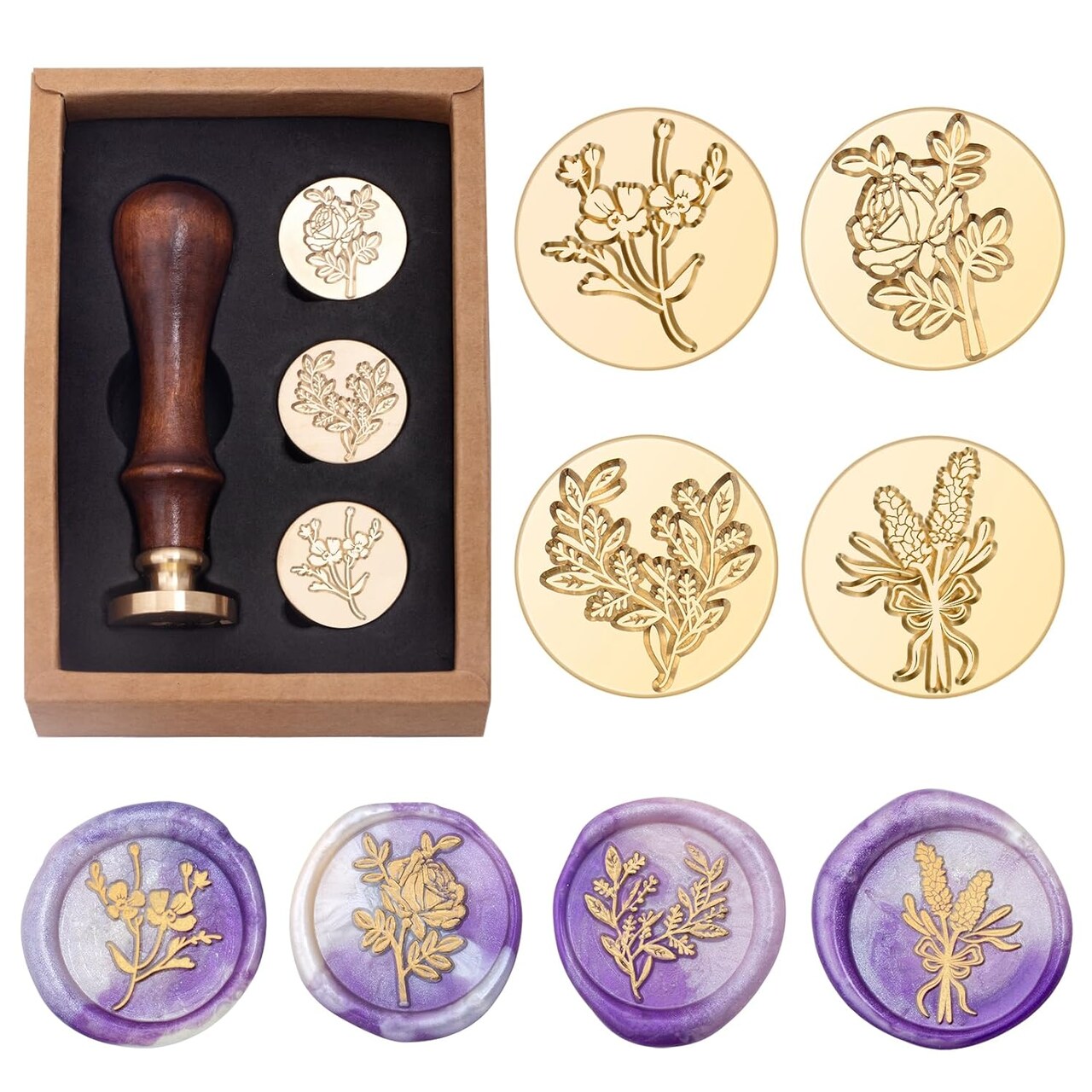 Flower and Plant Wax Seal Stamp Set, Botanical Sealing Stamper Kit, Romantic Rose Elegant Lavender Eucalyptus Leaf Cosmos Floral Pattern Brass Head for Wedding Invitation Card Envelope Planner Journal